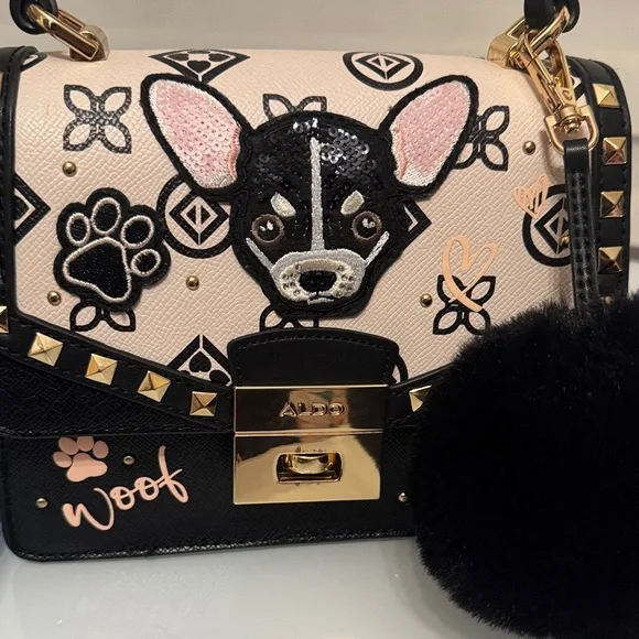 Aldo Black & Pink Dog Motif Top-Handle Satchel with Pom - Picture 8 of 10